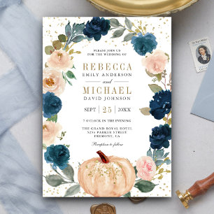 Convite Casamento de Abóbora Floral Azul Naval Rústico e P