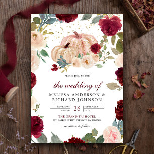 Convite Casamento de Abóbora Floral Burgundy e Pêssego