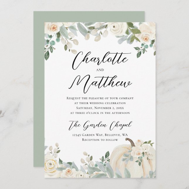 Convite Casamento de Abóbora Floral Moderna com Aquarela (Frente/Verso)