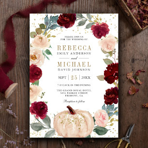 Convite Casamento de Abóbora Floral Rústico Borgonha e Pês