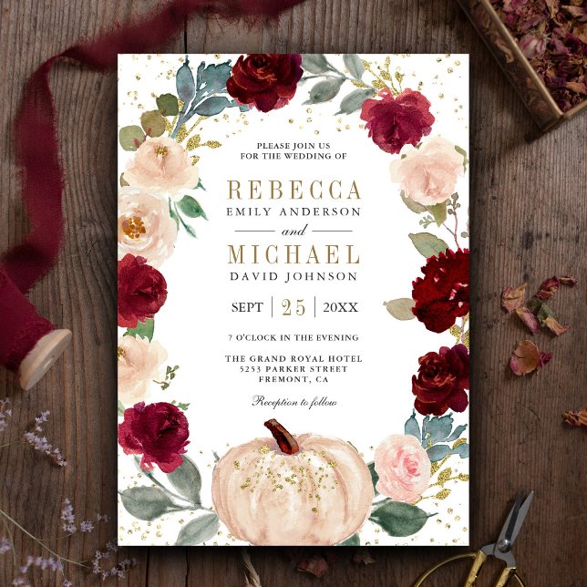 Convite Casamento de Abóbora Floral Rústico Borgonha e Pês (Criador carregado)