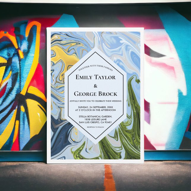 Convite Casamento de Abstrato Azul Amarelo Verde Mínimo El (Criador carregado)