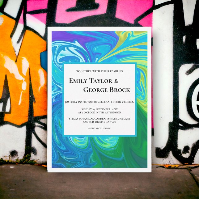 Convite Casamento de Abstrato de Arte por Ondas Verdes Azu (Criador carregado)