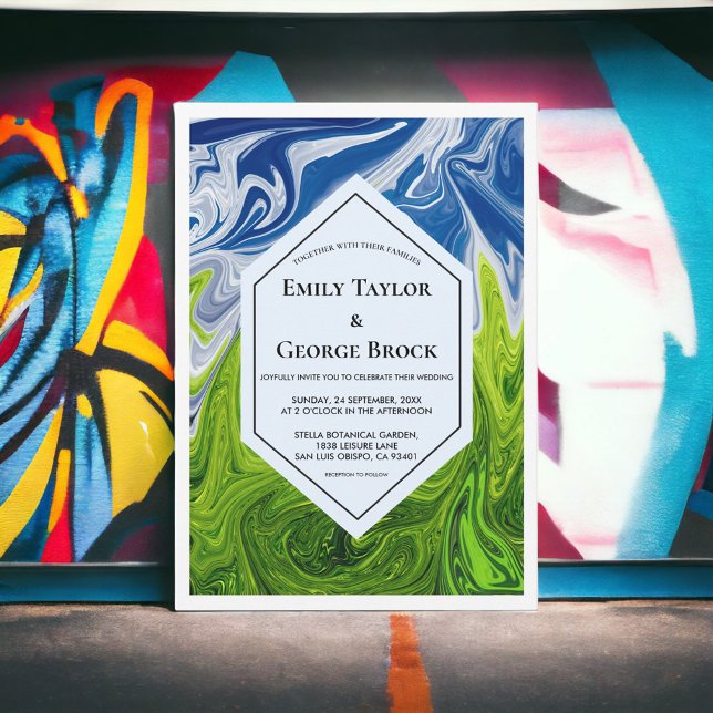 Convite Casamento de Abstrato do Céu Azul Verde Elegante (Criador carregado)