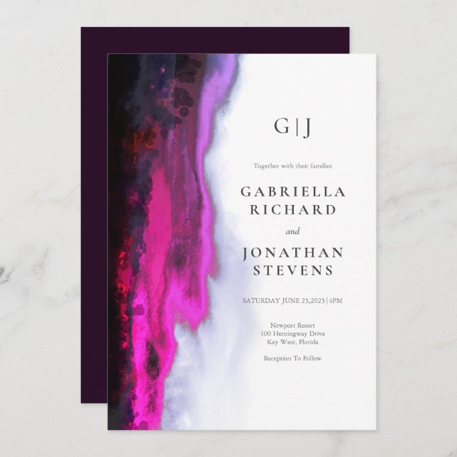 Convite Casamento de Abstrato Monograma da Borgonha Elegan (Frente/Verso)