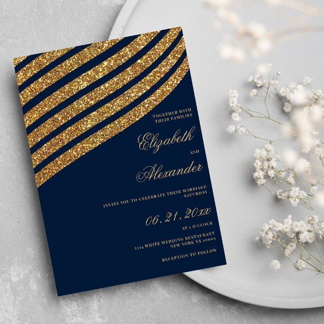 Convite Casamento de abstratos geométrica azul-marinho com (Gold glitter navy blue geometric abstract wedding )
