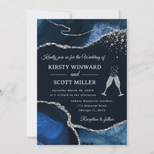 Convite Casamento de Ágata Azul Naval e Brilho Prateado El