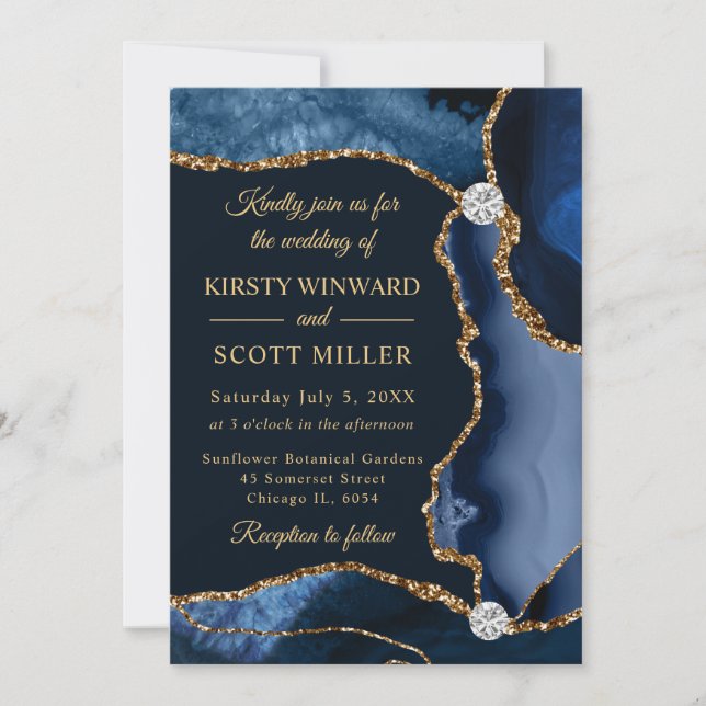 Convite Casamento de Ágata Brilhante Azul e Dourado (Frente)