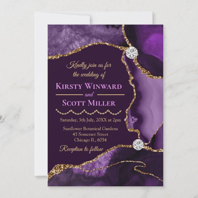 Convite Casamento de Ágata Brilhante Roxo e Dourado (Frente)