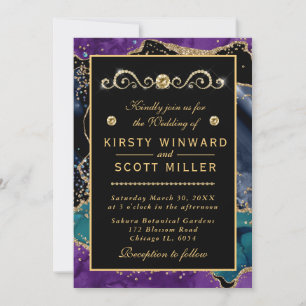 Convite Casamento de Ágata Brilho Dourado Azul Roxo Teal
