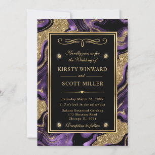 Convite Casamento de Ágata com Brilho Roxo e Dourado Elega