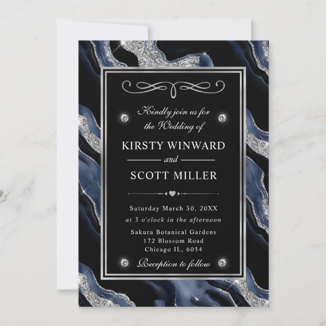 Convite Casamento de Ágata com Papel Alumínio Azul Elegant (Frente)