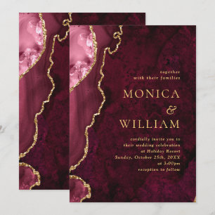 Convite Casamento de Ágata de Mármore Burgundy Dourado Mod