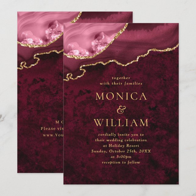 Convite Casamento de Ágata de Mármore Burgundy Dourado Mod (Frente/Verso)