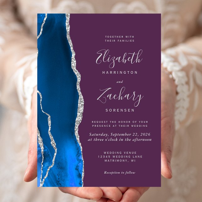 Convite Casamento de Ágata de Prata Azul Real Ameixa (Criador carregado)
