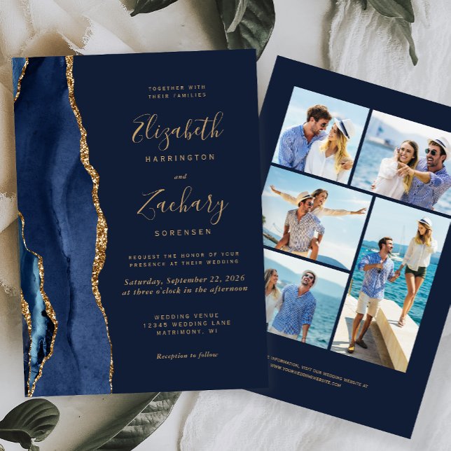 Convite Casamento de Agata Dourada Azul Elegante com Marin (Criador carregado)