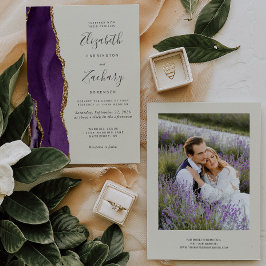 Convite Casamento de Ágata Dourada Roxa Foto Moderna Marfi