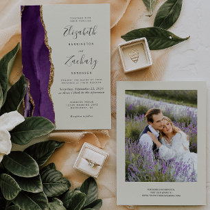 Convite Casamento de Ágata Dourada Roxa Foto Moderna Marfi