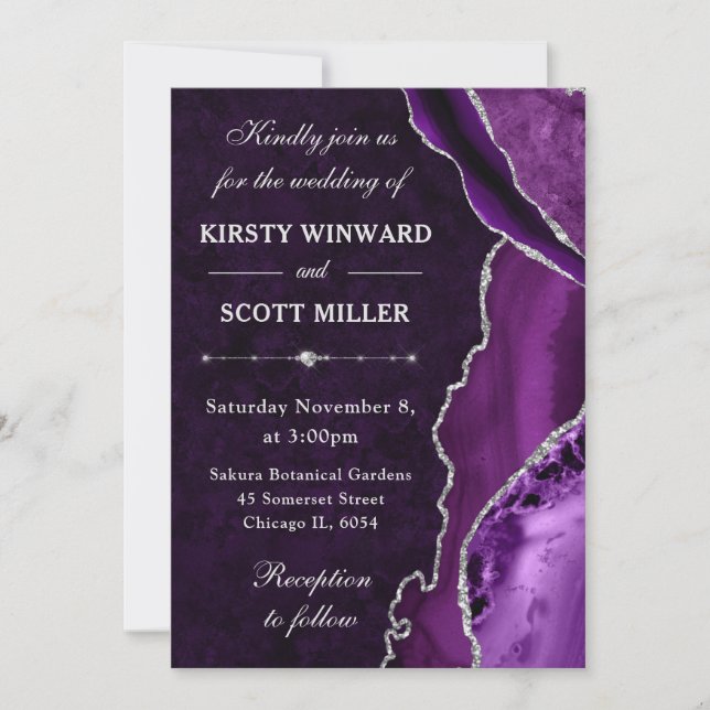 Convite Casamento de Ágata e Mármore com Brilho Roxo e Pra (Frente)