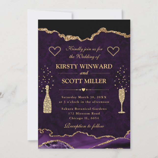 Convite Casamento de Ágata Falsa Brilhante Roxo e Dourado  (Frente)