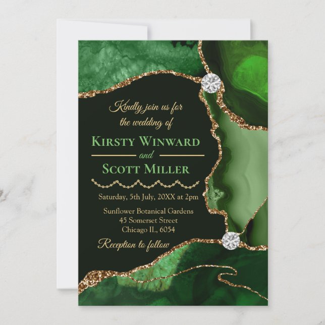 Convite Casamento de Ágata Falsa Brilho Verde e Dourado (Frente)