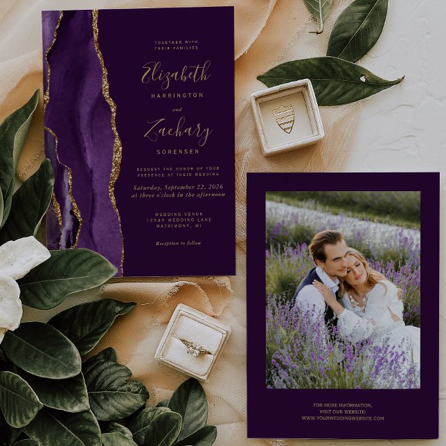 Convite Casamento de Ágata Roxa e Ouro de Foto Moderna (Criador carregado)