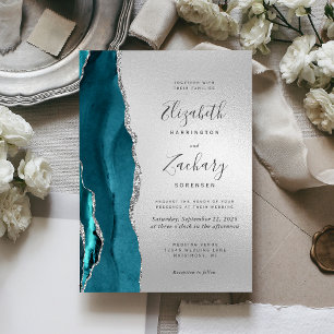Convite Casamento de Ágata Teal Prata Moderno