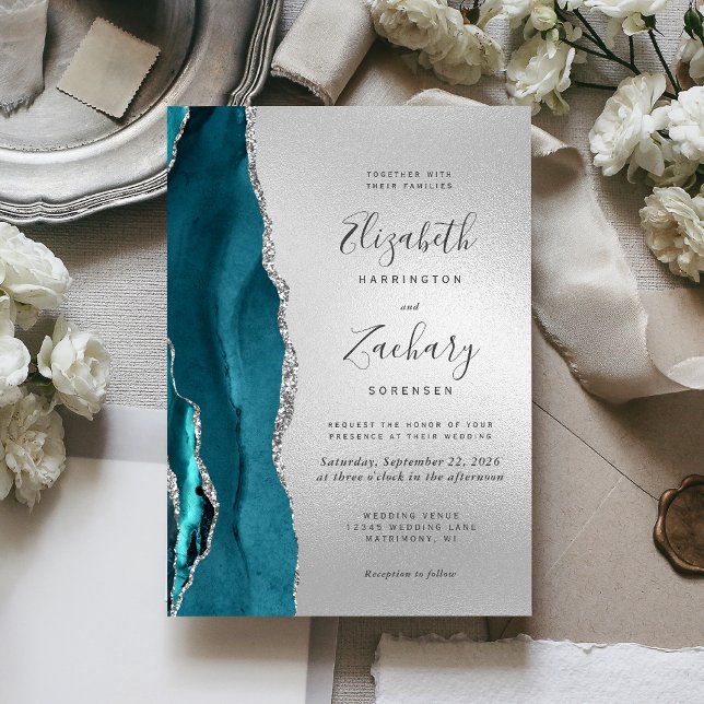 Convite Casamento de Ágata Teal Prata Moderno (Criador carregado)