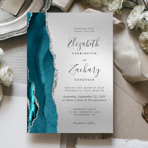 Convite Casamento de Ágata Teal Prata Moderno