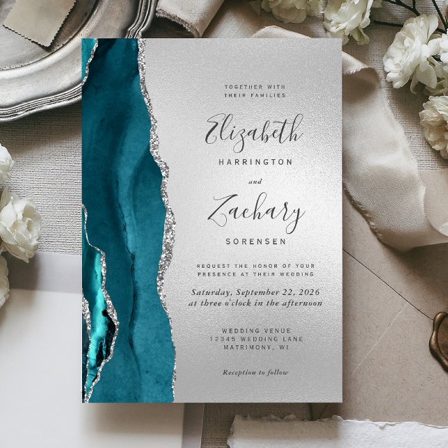 Convite Casamento de Ágata Teal Prata Moderno (Criador carregado)