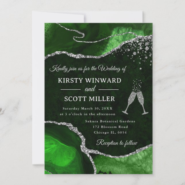 Convite Casamento de Ágata Verde e Prata Brilhante (Frente)