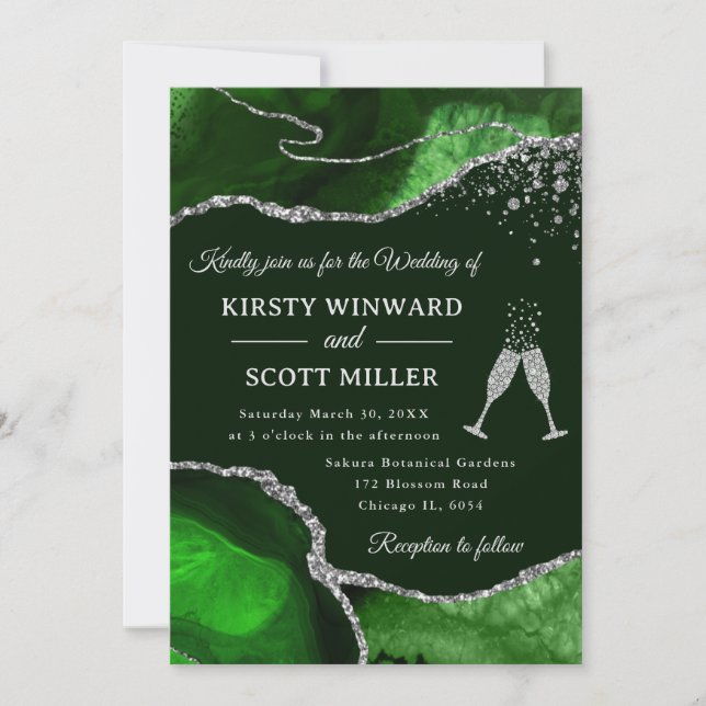 Convite Casamento de Ágata Verde e Prata Elegante com Bril (Frente)