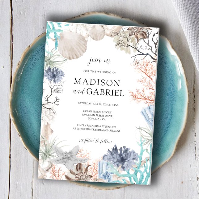 Convite Casamento de Água com Seashell Coral Starfish (Criador carregado)