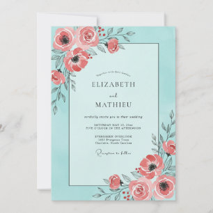 Convite Casamento de Água Coral Ranunculus Eucalipto