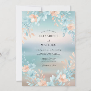 Convite Casamento de Água-Marinha com Folhagem Suave e Dam