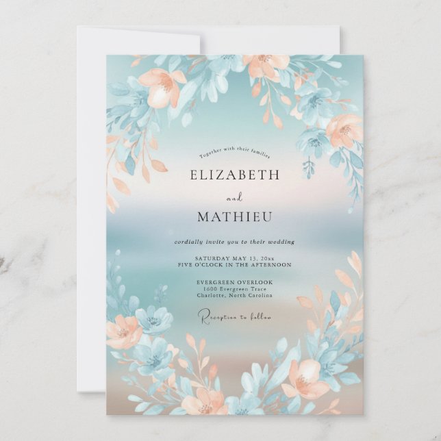Convite Casamento de Água-Marinha com Folhagem Suave e Dam (Frente)