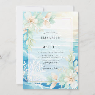 Convite Casamento de Água Tropical Coral Eucalipto