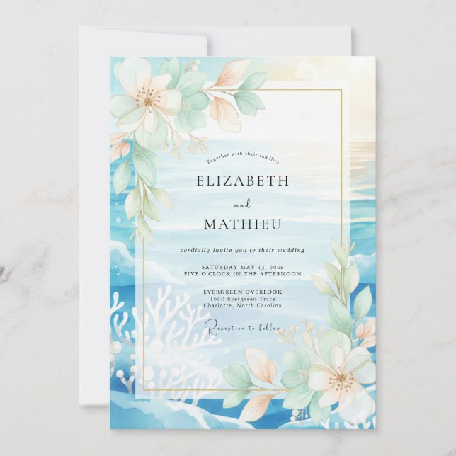 Convite Casamento de Água Tropical Coral Eucalipto (Frente)