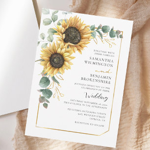Convite Casamento de aguarela floral girassol eucalipto