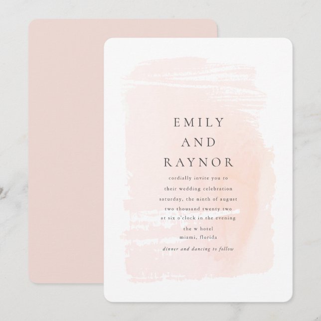 Convite Casamento de Aguarela Moderna Rosa Corado (Frente/Verso)