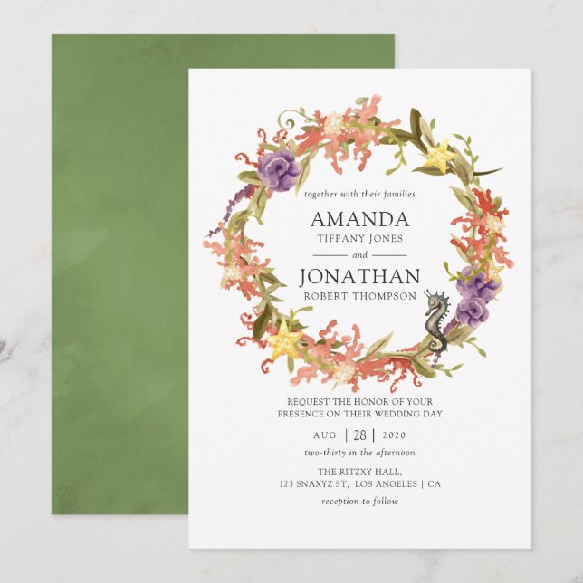 Convite Casamento de Algas Marinhas em Aquarela (Frente/Verso)