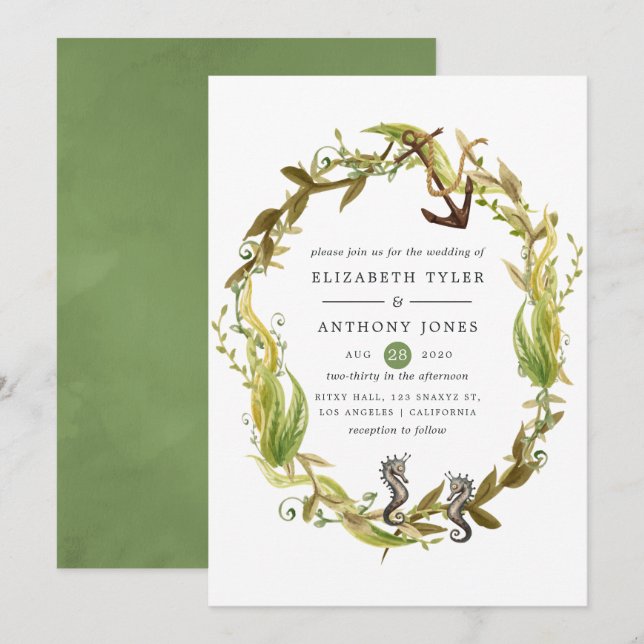 Convite Casamento de Algas Marinhas em Aquarela (Frente/Verso)