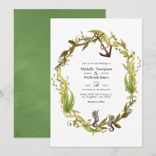 Convite Casamento de algas marinhas náuticas por aquarelas