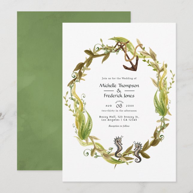 Convite Casamento de Algas Náuticas em Aquarela (Frente/Verso)
