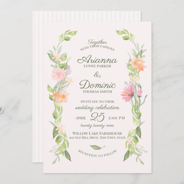Convite Casamento de Algodão Floral Watercolor (Frente/Verso)