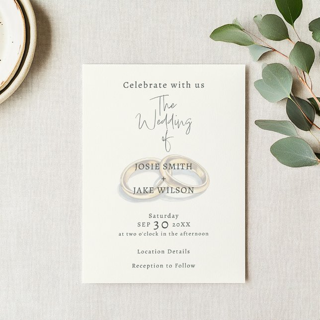 Convite Casamento de alianças mudas (Wedding invitation with a soft background of an illustration of 2 gold wedding rings.)