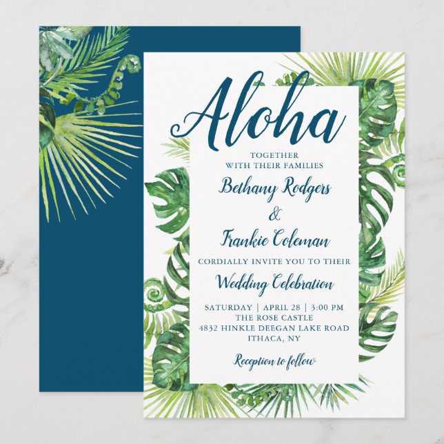 Convite Casamento de Aloha Tropical Greenery Blue Beach (Frente/Verso)