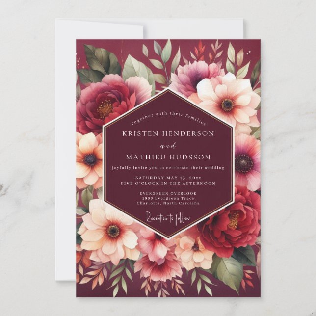 Convite Casamento de Alquimia de Flor Burgundy (Frente)