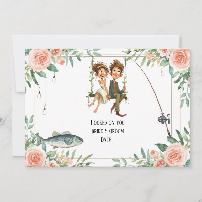 Convite Casamento de amante da pesca com vara e flores  (Frente)