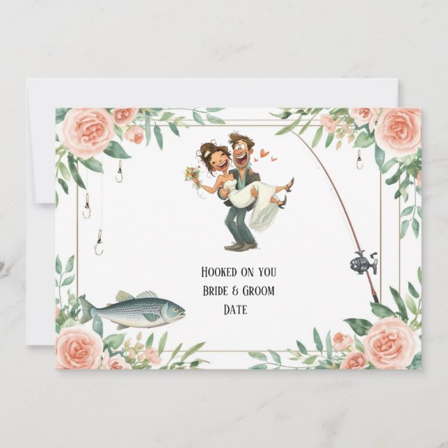 Convite Casamento de amante da pesca com vara e flores  (Frente)